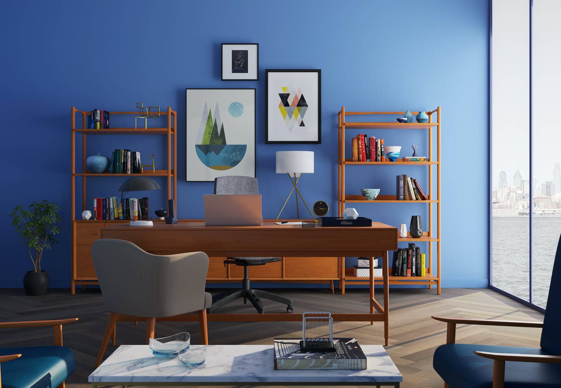 brown wooden desk with rolling chair and shelves near window - Healthier household