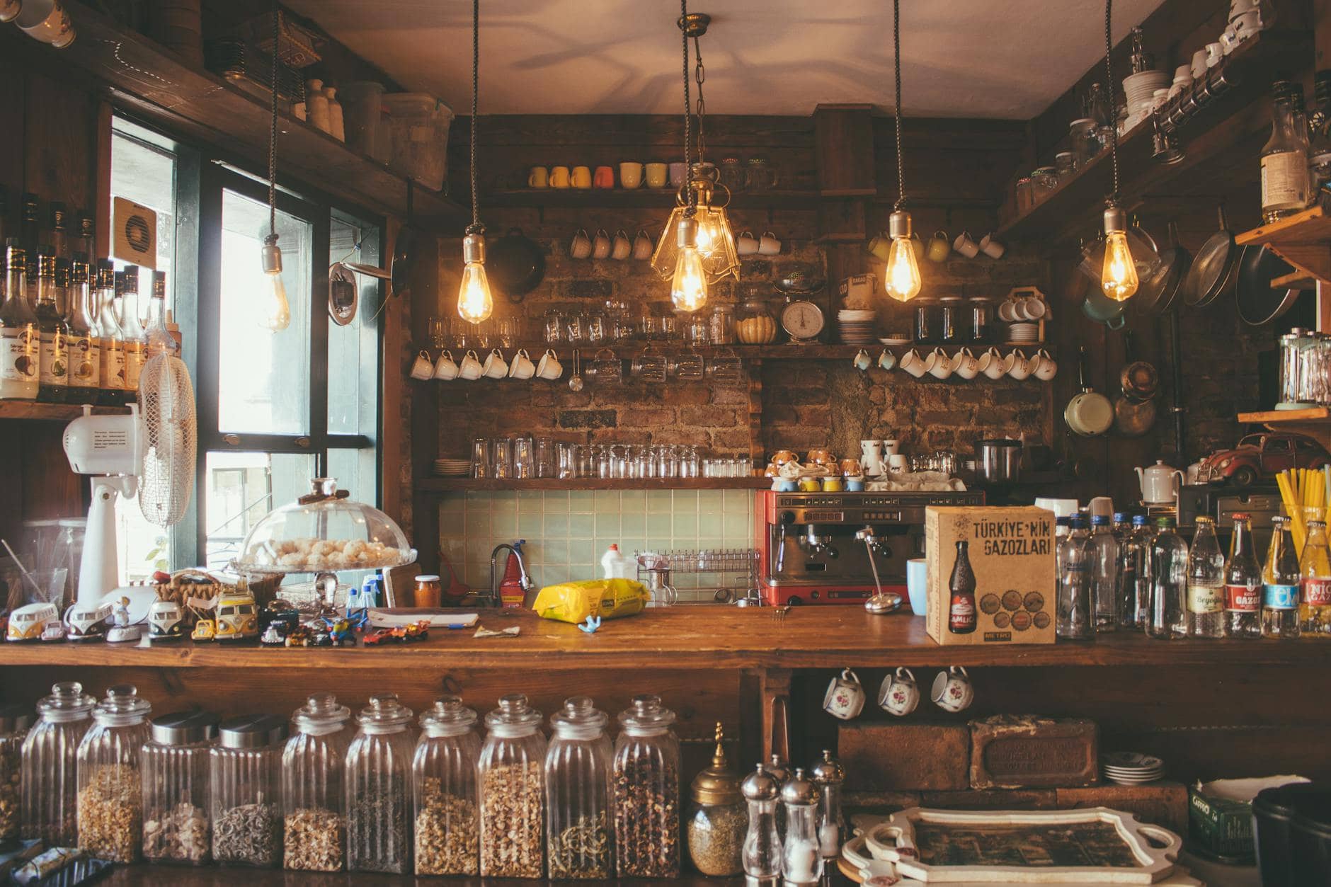 lighted pendant lights inside bar